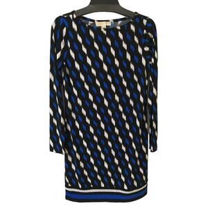 Michael Kors Long Sleeve Scoop Neck Black Blue & White Dress Size Small